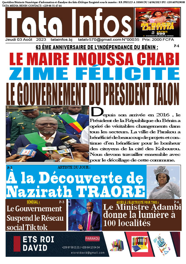 63 ème anniversaire de l’indépendance du BÉNIN :ZIME félicite LE GOUVERNEMENT DU PRESIDENT TALON